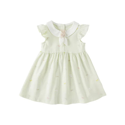Summer Girls Rabbit Bow Green Floral Dress