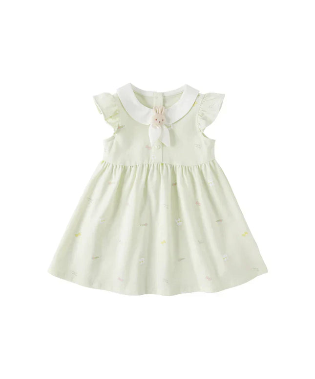 Summer Girls Rabbit Bow Green Floral Dress
