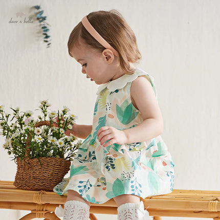 Girls Summer Leaf Print Sleeveless Sweet Dress