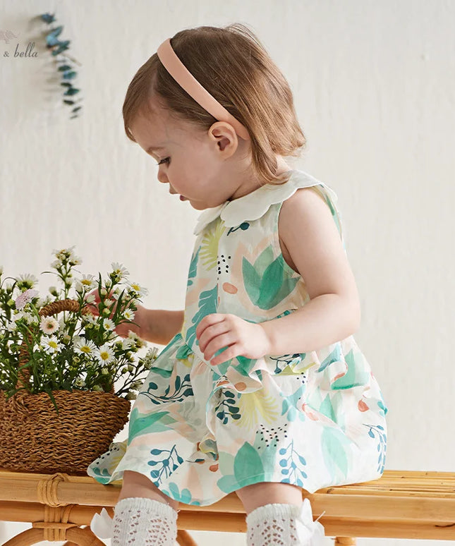 Girls Summer Leaf Print Sleeveless Sweet Dress