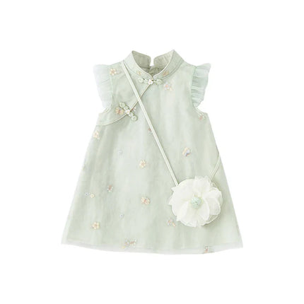 Kids Girls Summer Grey Green Floral Sleeveless A-line Dress(wallet bag)