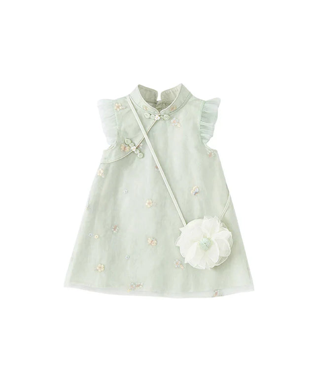 Kids Girls Summer Grey Green Floral Sleeveless A-line Dress(wallet bag)