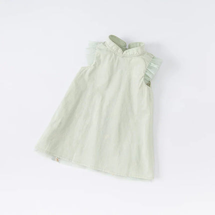 Kids Girls Summer Grey Green Floral Sleeveless A-line Dress(wallet bag)