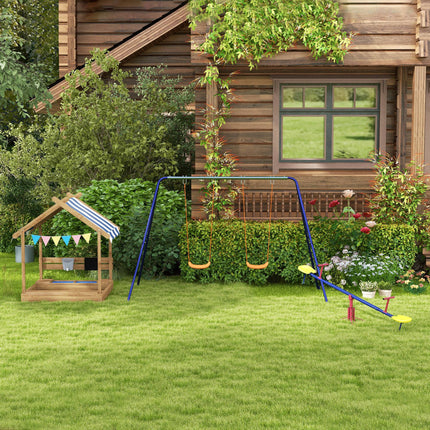 Outsunny Wooden Sandbox with Canopy, House Design for 3-7 Years Old, Brown
