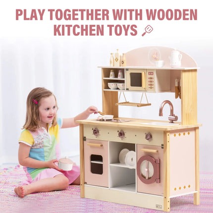 Wooden Play Kitchen with Realistic Accessories - Pink