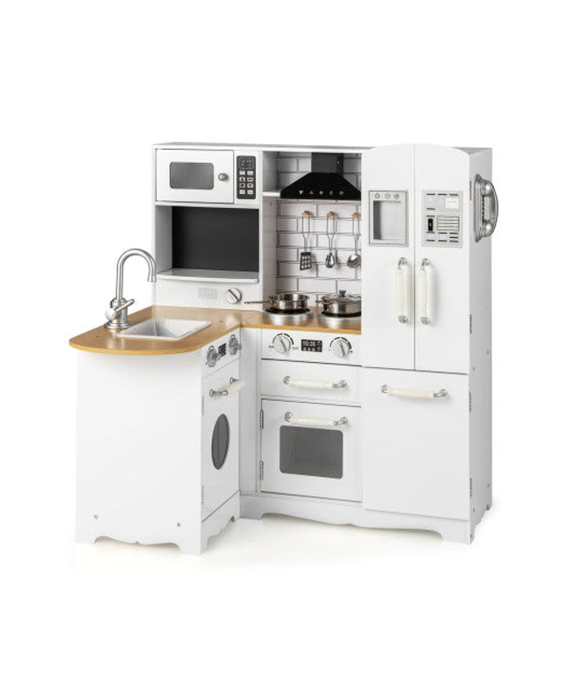 Wooden Kid's Corner Kitchen Playset With Stove for Toddlers-Natural & White
