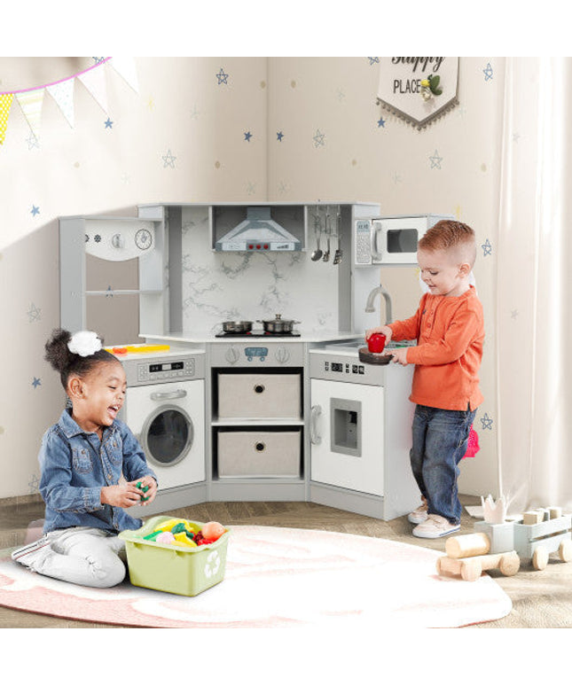 Wooden Kids Play Kitchen Playset With Realistic Lights and Sounds-Gray