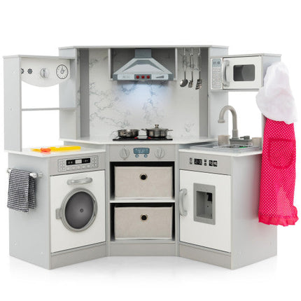 Wooden Kids Play Kitchen Playset With Realistic Lights and Sounds-Gray