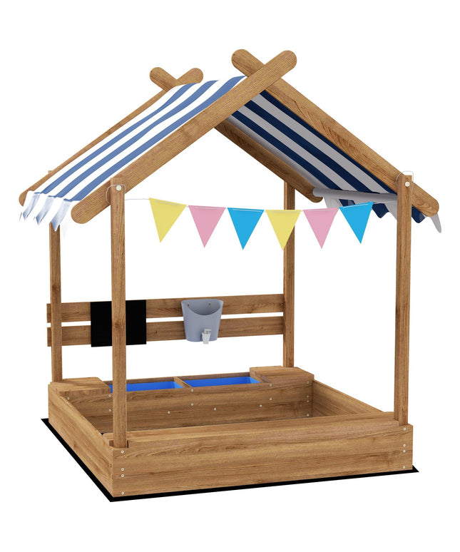 Outsunny Wooden Sandbox with Canopy, House Design for 3-7 Years Old, Brown
