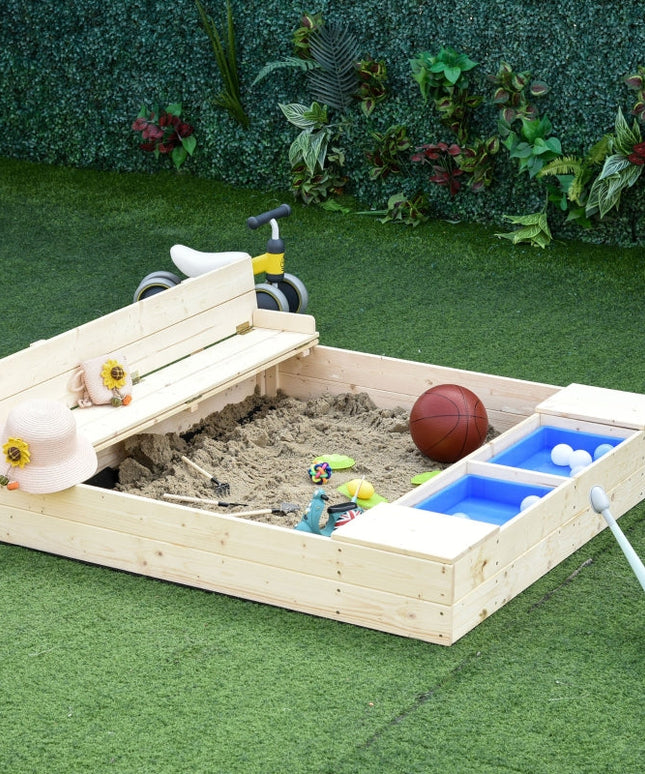 Outsunny Kids Wooden Sandbox w/ Two Plastic Boxes Foldable Bench Seat Waterproof Cover Bottom Liner Storage Space