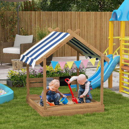 Outsunny Wooden Sandbox with Canopy, House Design for 3-7 Years Old, Brown