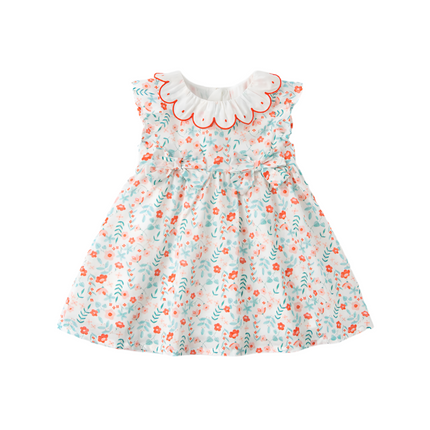 Girls Summer Cotton Floral Print Lace Collar A-line Princess Dress