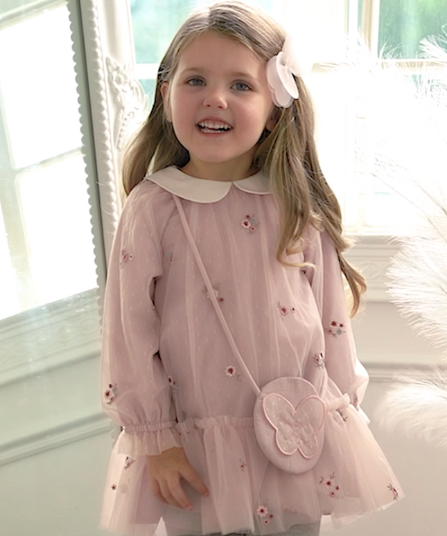 Toddler Girls Sweet Pink Embroidery Mesh Princess Dress (wallet bag)
