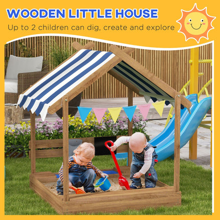 Outsunny Wooden Sandbox with Canopy, House Design for 3-7 Years Old, Brown