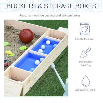 Outsunny Kids Wooden Sandbox w/ Two Plastic Boxes Foldable Bench Seat Waterproof Cover Bottom Liner Storage Space