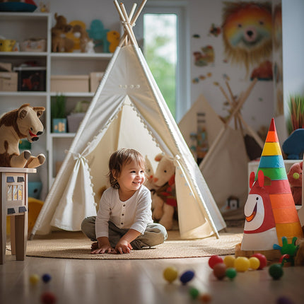 Large Foldable Kids Canvas Teepee Play Tent With Lights  ( White )