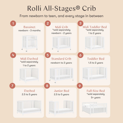 Rolli 9-in-1 Convertible All-Stages® Crib with Bassinet & Toddler Bed Conversion Kits
