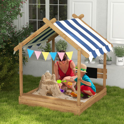 Outsunny Wooden Sandbox with Canopy, House Design for 3-7 Years Old, Brown