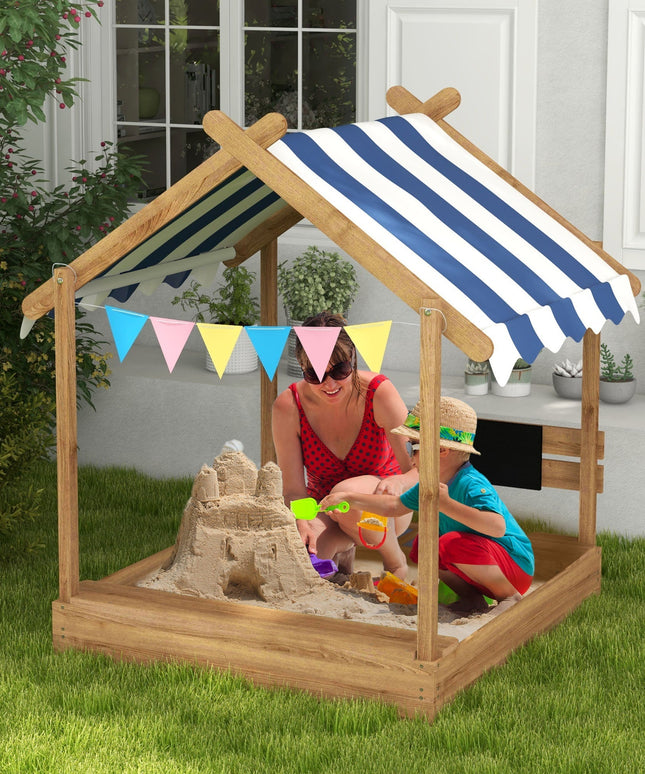 Outsunny Wooden Sandbox with Canopy, House Design for 3-7 Years Old, Brown