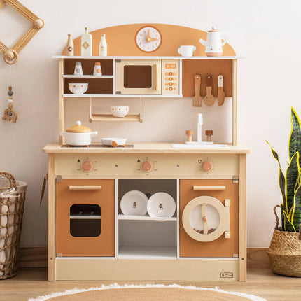 Wooden Play Kitchen with Realistic Accessories - Caramel