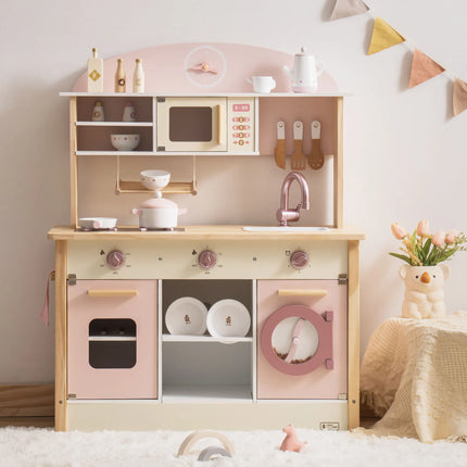 Wooden Play Kitchen with Realistic Accessories - Pink