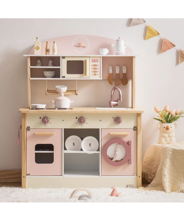 Wooden Play Kitchen with Realistic Accessories - Pink