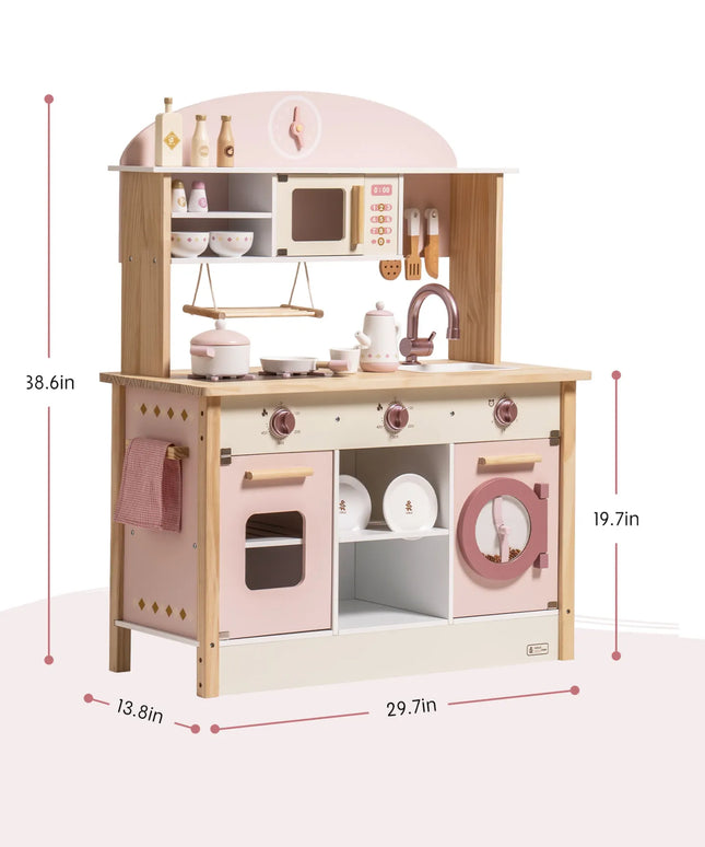 Wooden Play Kitchen with Realistic Accessories - Pink