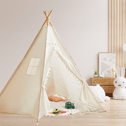 Large Foldable Kids Canvas Teepee Play Tent With Lights  ( White )