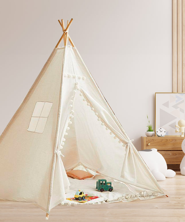 Large Foldable Kids Canvas Teepee Play Tent With Lights  ( White )